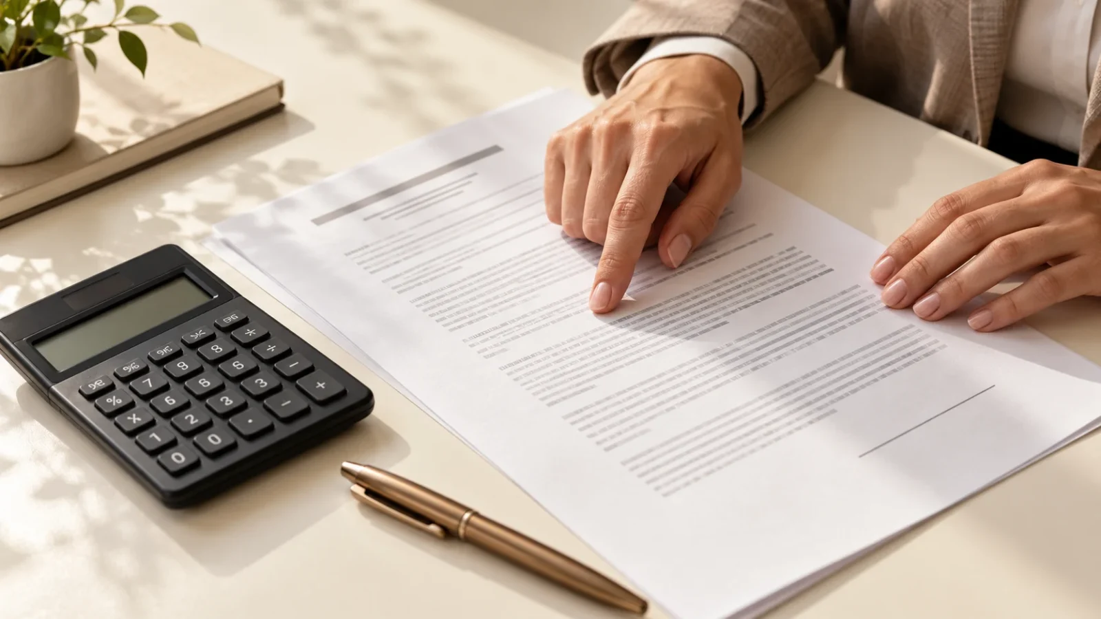 Pessoa revisando cláusulas de um contrato junto a uma calculadora.