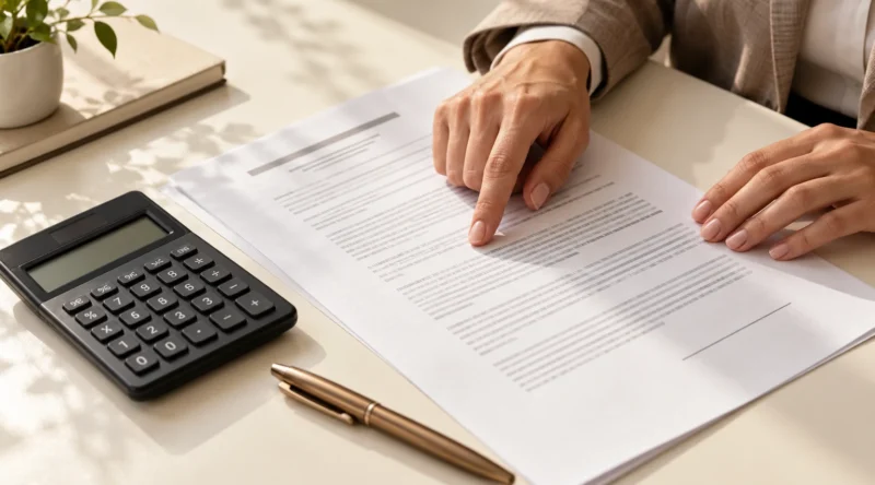 Pessoa revisando cláusulas de um contrato junto a uma calculadora.
