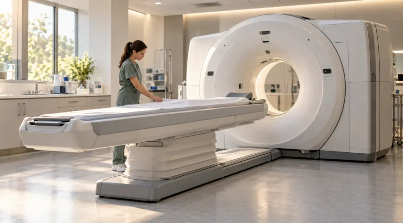 Equipamento de diagnóstico por imagem em uma sala clínica.