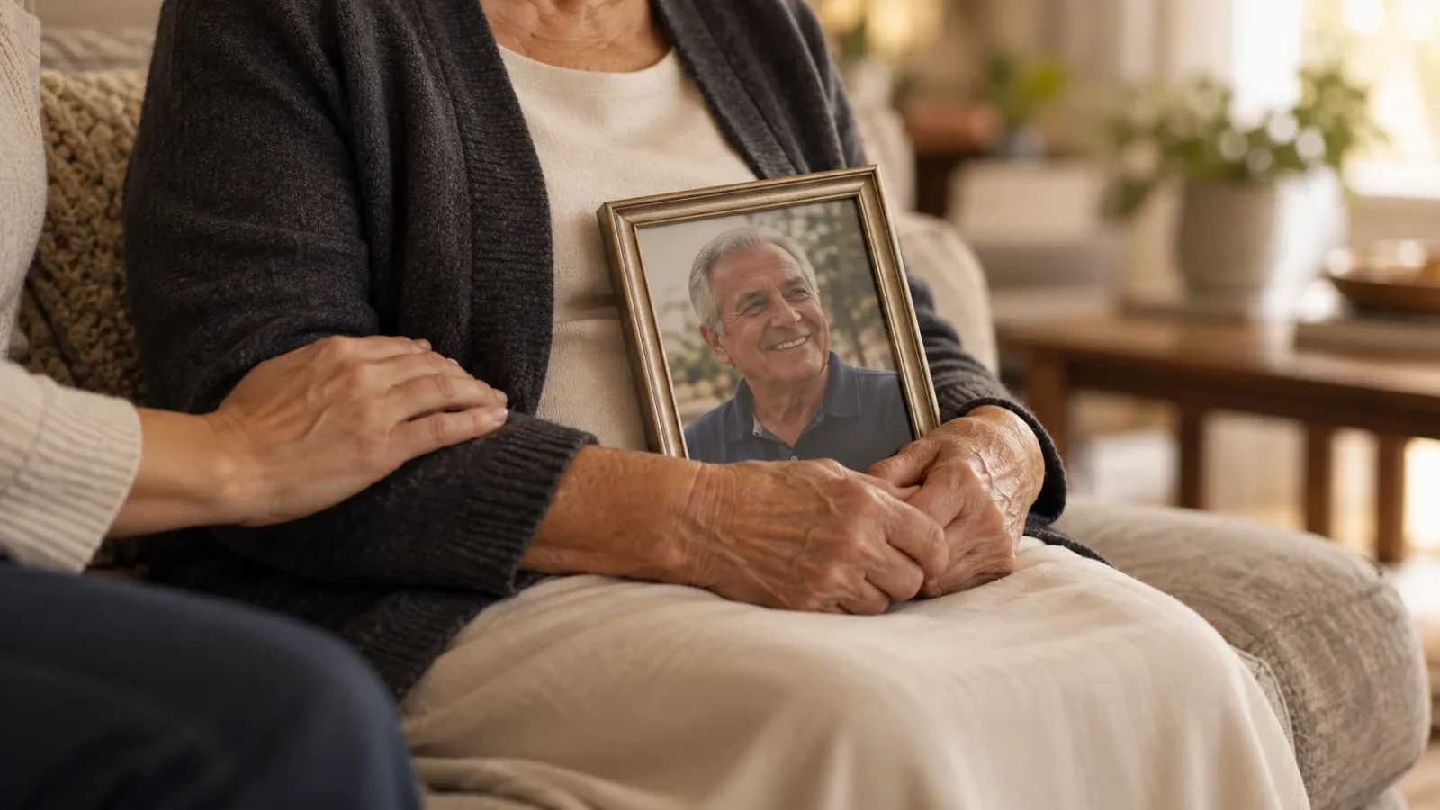 Mulher idosa recebendo apoio familiar enquanto segura um retrato.