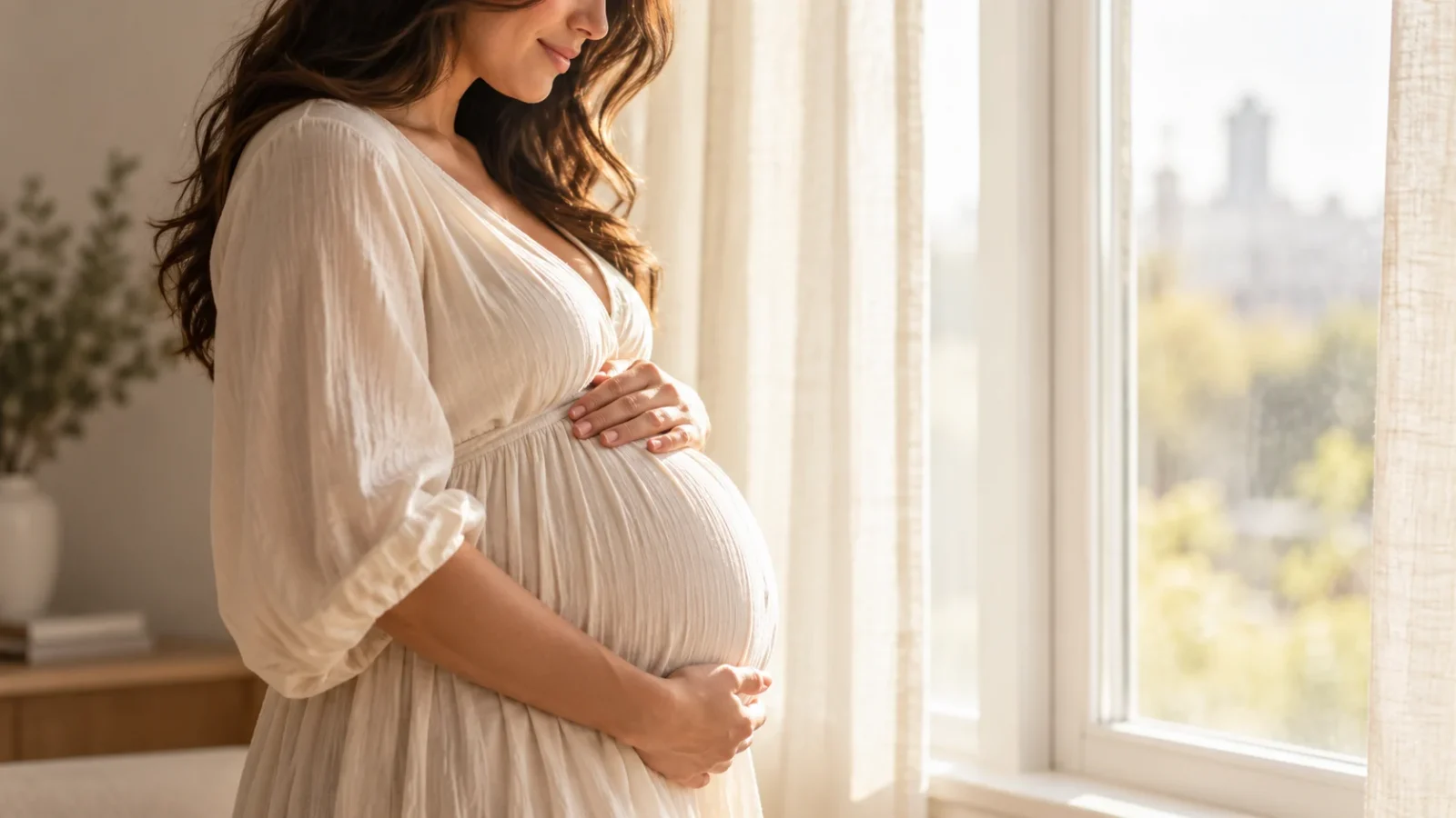 Gestante segurando a barriga ao lado de uma janela iluminada.