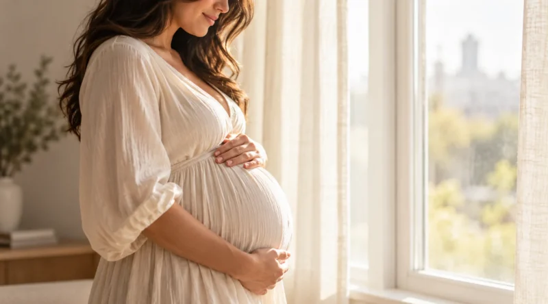 Gestante segurando a barriga ao lado de uma janela iluminada.