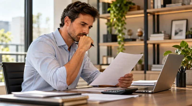 Empresário analisando documentos e contas em sua mesa de trabalho.