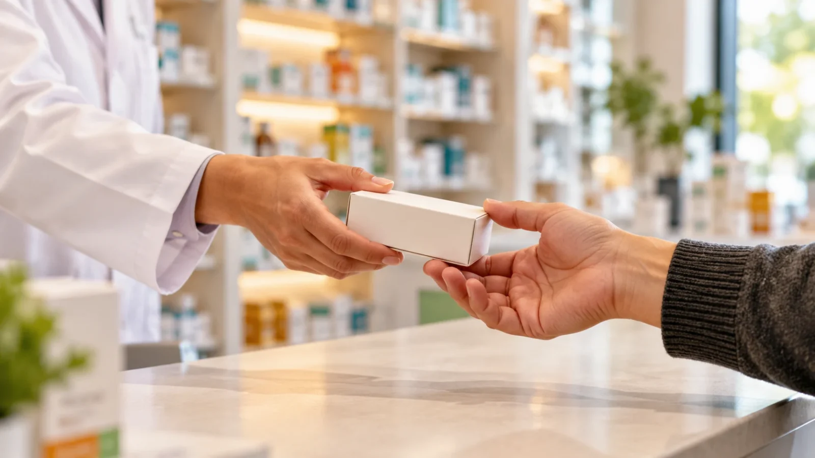 Farmacêutico entregando uma caixa de medicamento a um paciente.
