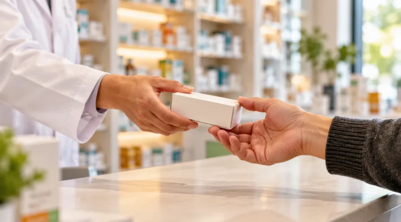 Farmacêutico entregando uma caixa de medicamento a um paciente.